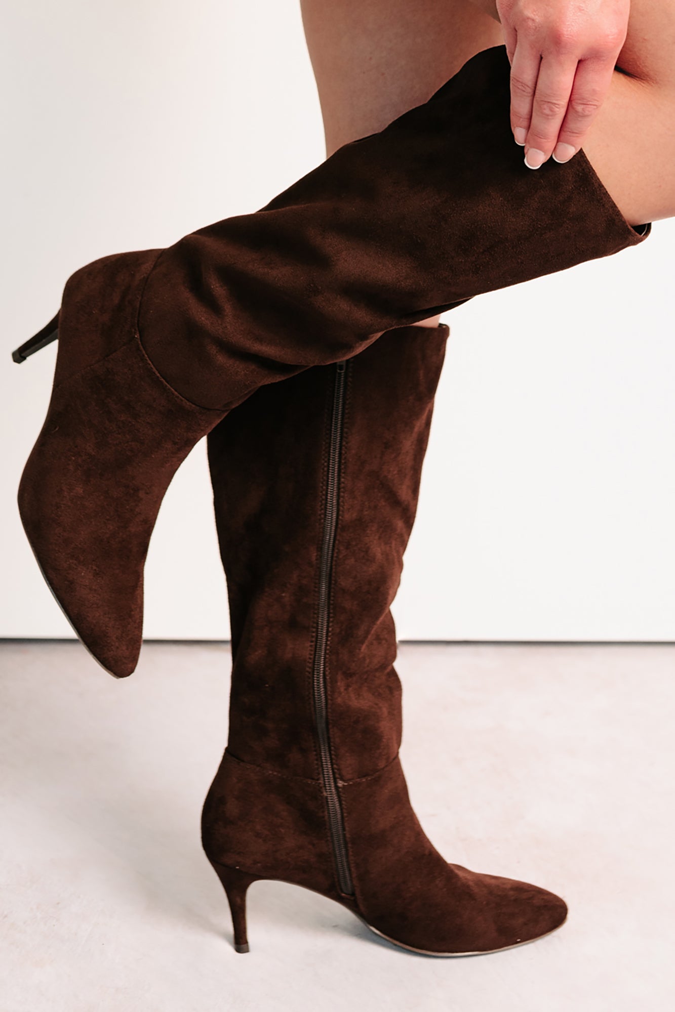 Staying Strong Faux Suede Stiletto Heel Boots (Brown)