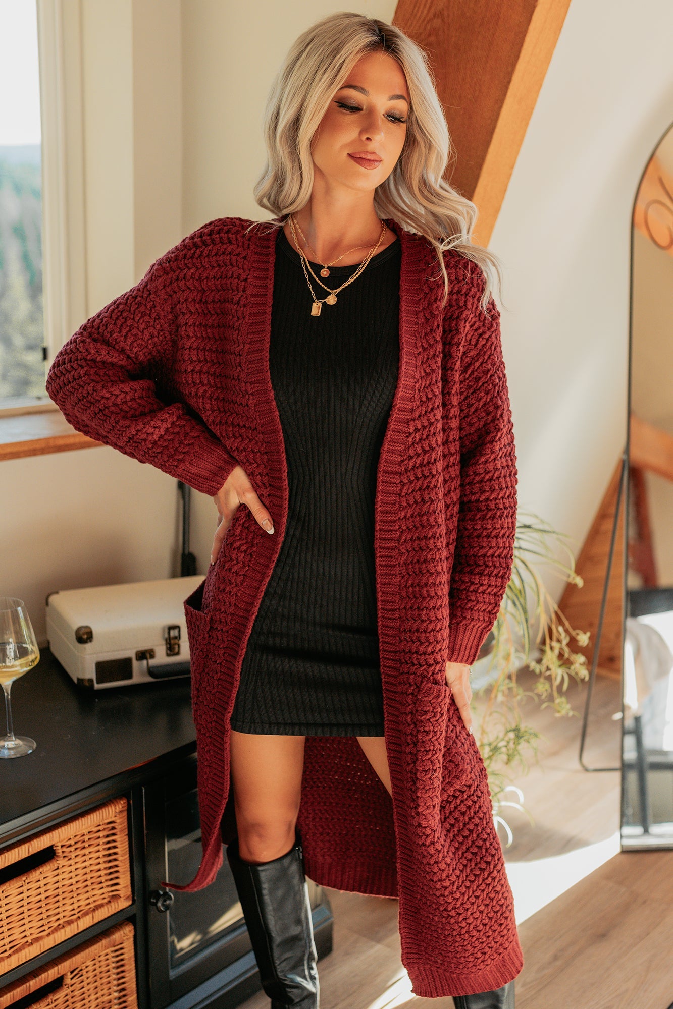 Still Dreaming Cable Knit Long Cardigan (Bordeaux)